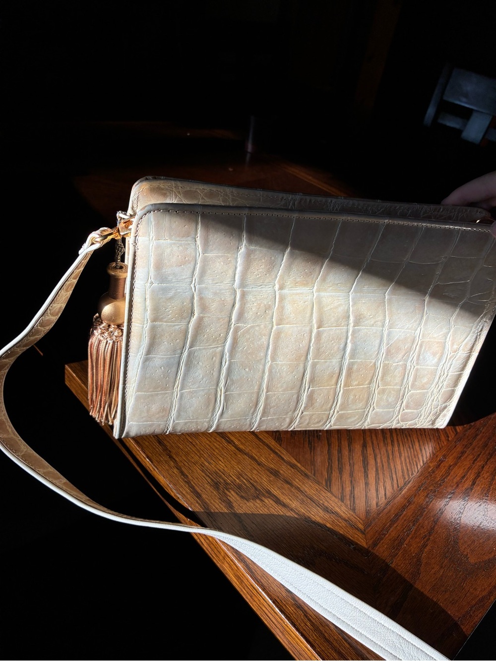 Sondra Roberts Neutral Croc-Embossed Crossbody Bag with Tassel